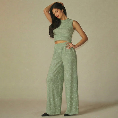 Rhinestone Crinkle Tank & Wide Leg Pant Set in Mint