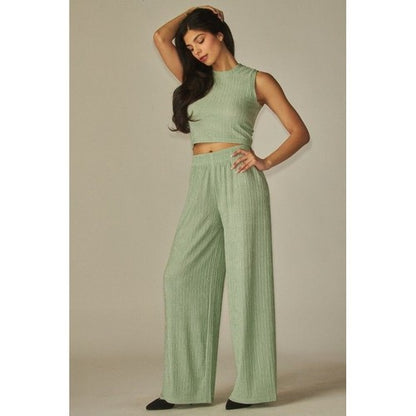 Rhinestone Crinkle Tank & Wide Leg Pant Set in Mint