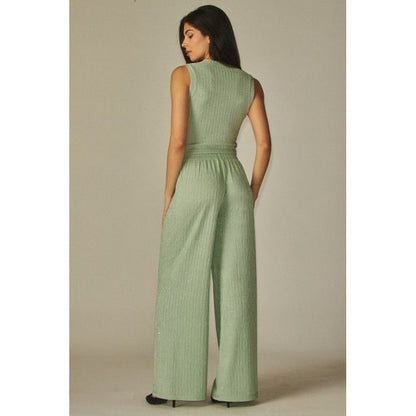 Rhinestone Crinkle Tank & Wide Leg Pant Set in Mint