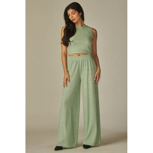 Rhinestone Crinkle Tank & Wide Leg Pant Set in Mint