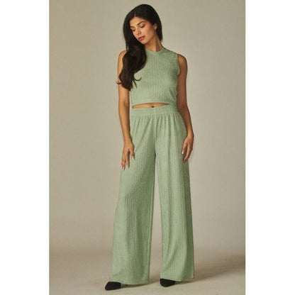 Rhinestone Crinkle Tank & Wide Leg Pant Set in Mint
