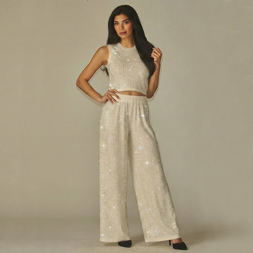 Rhinestone Crinkle Tank & Wide Leg Pant Set in Off White