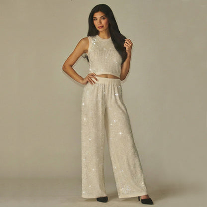 Rhinestone Crinkle Tank & Wide Leg Pant Set in Off White