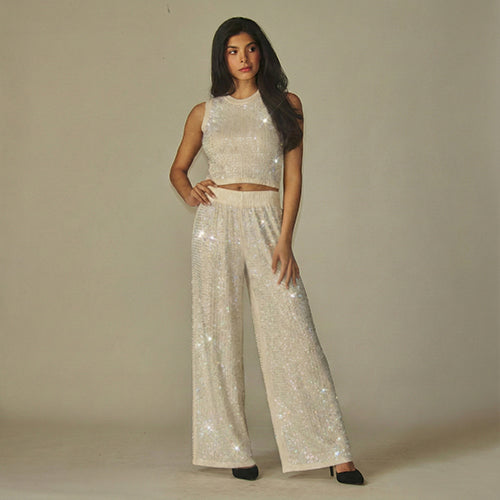Rhinestone Crinkle Tank & Wide Leg Pant Set in Off White