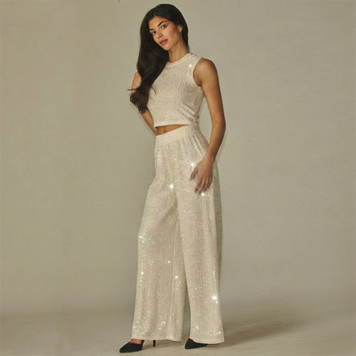 Rhinestone Crinkle Tank & Wide Leg Pant Set in Off White