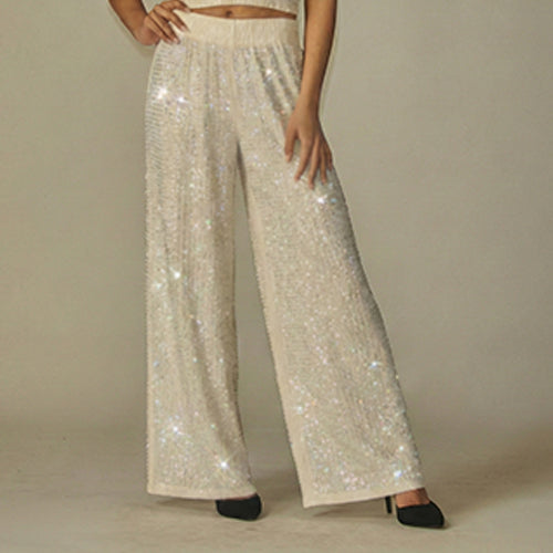 Rhinestone Wide Leg Pants in Off White