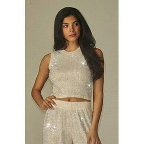 Rhinestone Crop Tank Top in Off White
