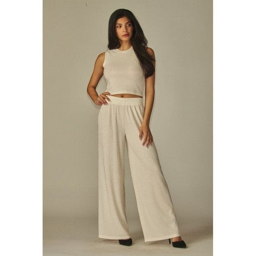 Rhinestone Wide Leg Pants in Off White