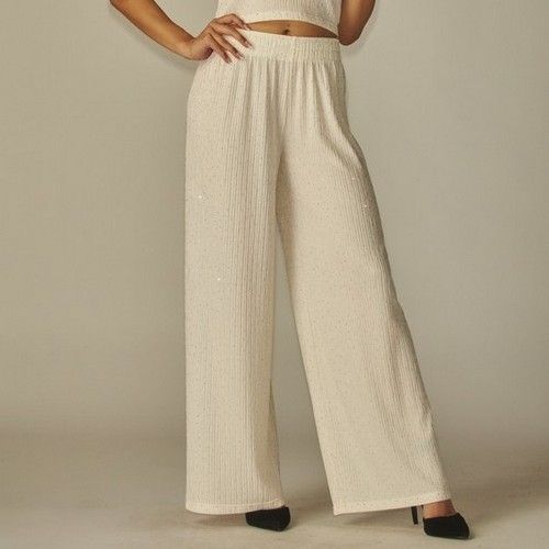 Rhinestone Wide Leg Pants in Off White