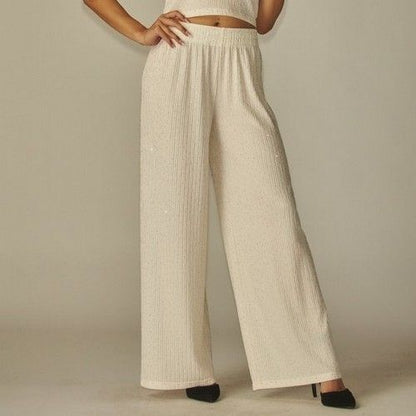 Rhinestone Wide Leg Pants in Off White