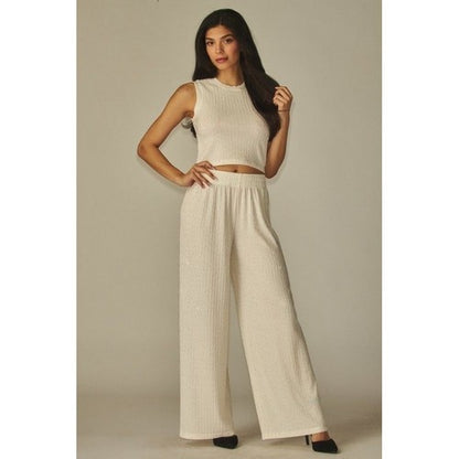 Rhinestone Wide Leg Pants in Off White