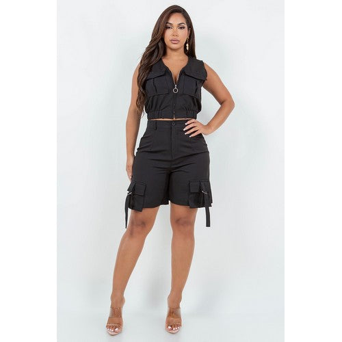 Cargo Pocket Zip Vest in Black