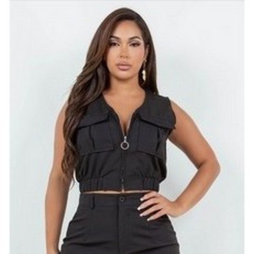 Cargo Pocket Zip Vest in Black