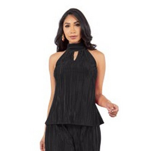 Pleat Keyhole Halter Top in Black