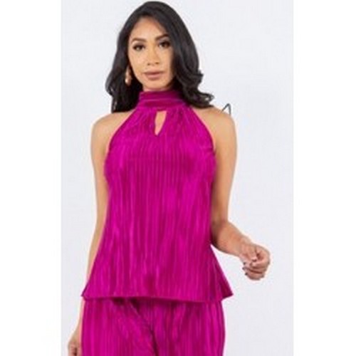 Pleat Keyhole Halter Top in Purple