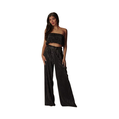 Metallic Plisse Tube Top & Pant Set in Black