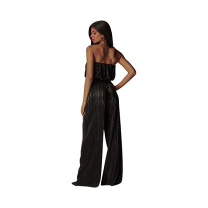 Metallic Plisse Tube Top & Pant Set in Black
