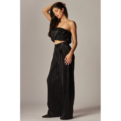 Metallic Plisse Bubble Tube Top in Black
