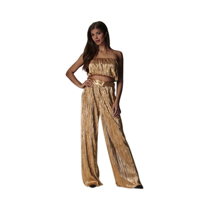 Metallic Plisse Tube Top & Pant Set in Gold