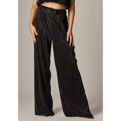 Metallic Plisse Tube Top & Pant Set in Black