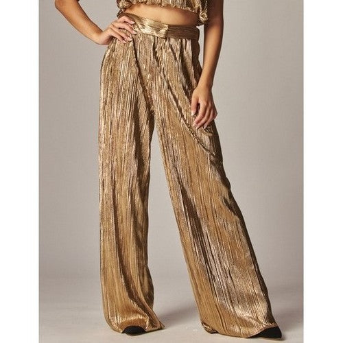 Metallic Plisse Tube Top & Pant Set in Gold