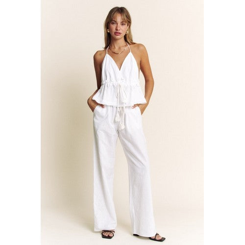 Linen-Look Halter Open Back Top & Wide Leg Pants Set in White