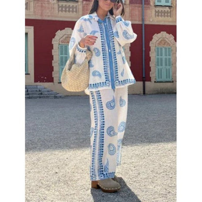 Doublju Filigree Linen Wide Leg Pants in Ivory & Blue