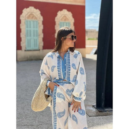 Doublju Filigree Linen Pant Set in Ivory & Blue