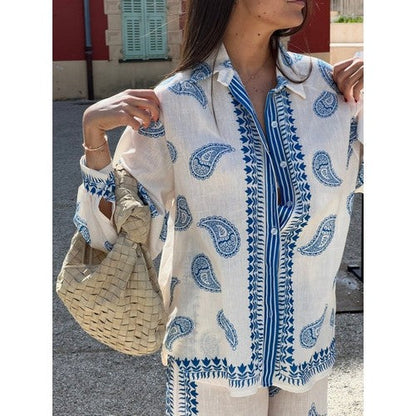 Doublju Filigree Linen Shirt in Ivory & Blue