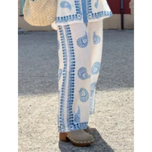 Doublju Filigree Linen Wide Leg Pants in Ivory & Blue