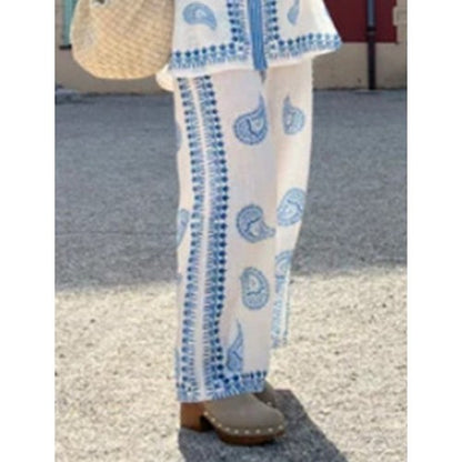 Doublju Filigree Linen Wide Leg Pants in Ivory & Blue