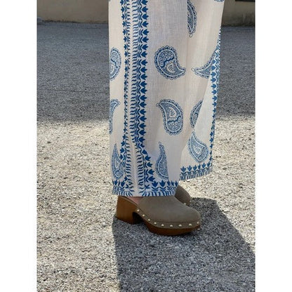 Doublju Filigree Linen Wide Leg Pants in Ivory & Blue