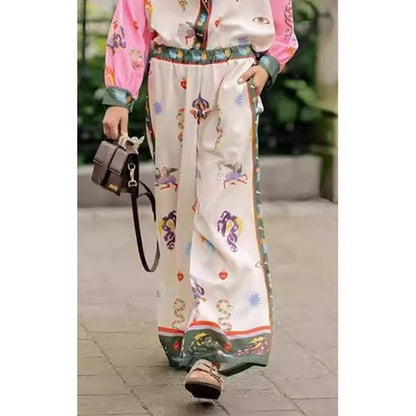 Doublju Fantasy Border Print Linen Wide Leg Pants in Cream