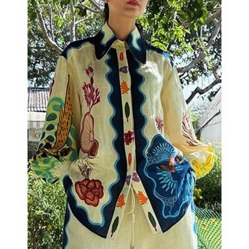 Doublju Sea Life Linen Shirt in Pale Yellow