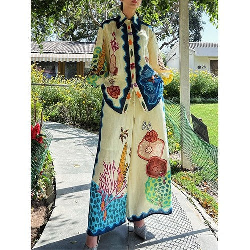 CWSTB1508 Sea Life Linen Shirt in Yellow & Blue