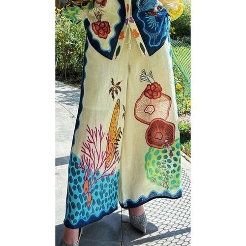 Doublju Sea Life Linen Wide Leg Pants in Pale Yellow