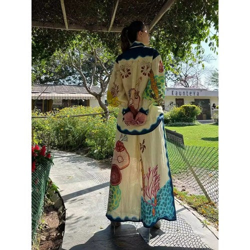 Doublju Sea Life Linen Wide Leg Pants in Pale Yellow