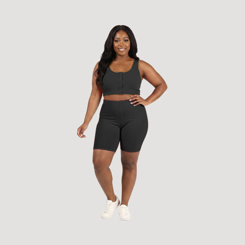 Cotton Rib Vest Top & Bike Short Set in Black