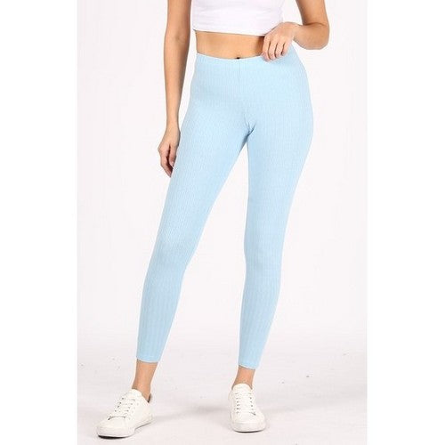 T2934R High Waist Rib Cotton Leggings in Light Blue