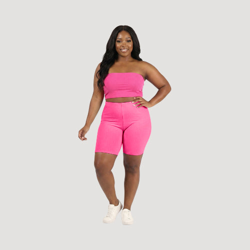 Cotton Rib Tube Top & Bike Short Set in Pink