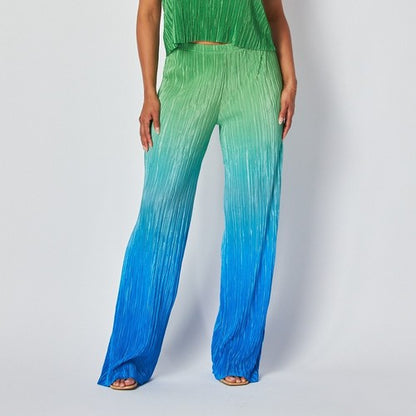 Two Tone Plissé Halter Top Pant Set in Green & Blue
