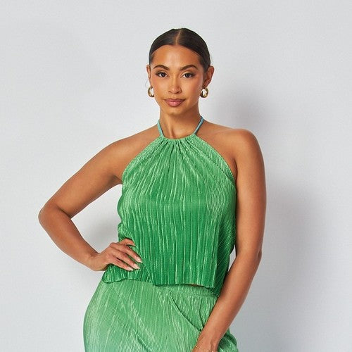 Two Tone Plissé Halter Top Pant Set in Green & Blue