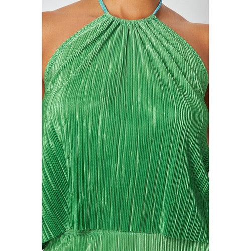 Two Tone Plissé Halter Top Pant Set in Green & Blue