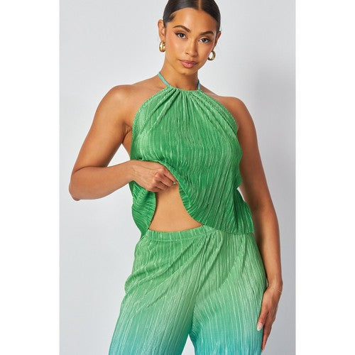 Two Tone Plissé Halter Top Pant Set in Green & Blue