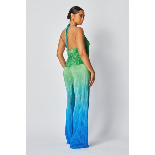Two Tone Plissé Halter Top Pant Set in Green & Blue