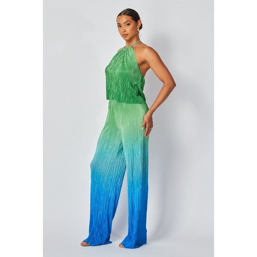 Two Tone Plissé Halter Top Pant Set in Green & Blue