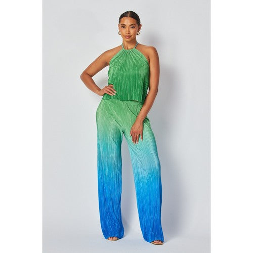 Two Tone Plissé Halter Top Pant Set in Green & Blue