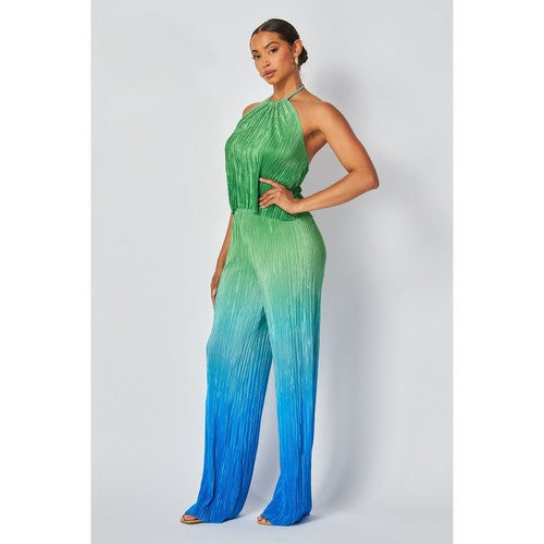 Two Tone Plissé Halter Top Pant Set in Green & Blue