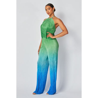 Two Tone Plissé Halter Top Pant Set in Green & Blue