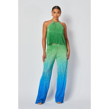 Two Tone Plissé Halter Top Pant Set in Green & Blue